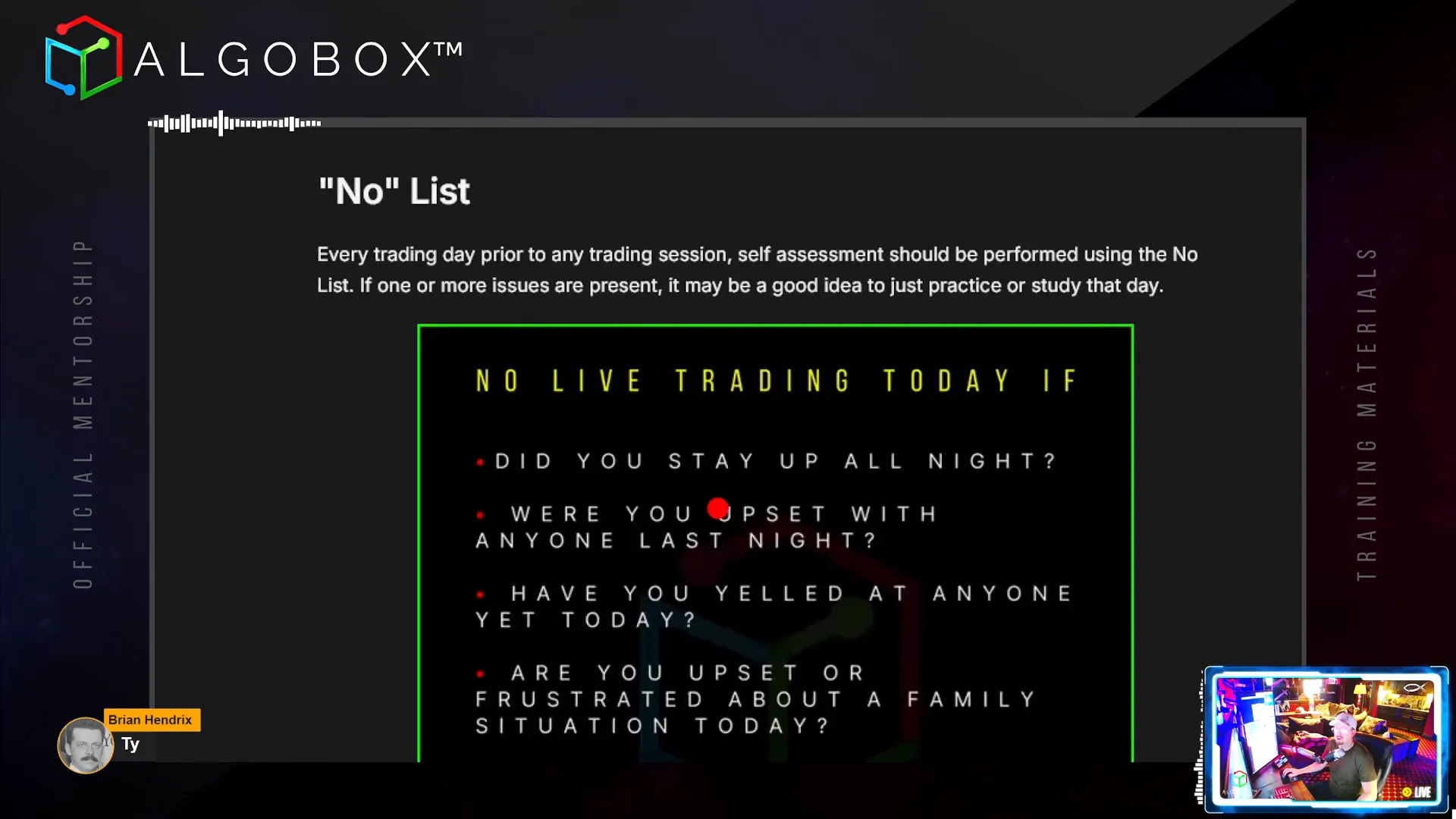 Trading checklist and no list for self-assessment