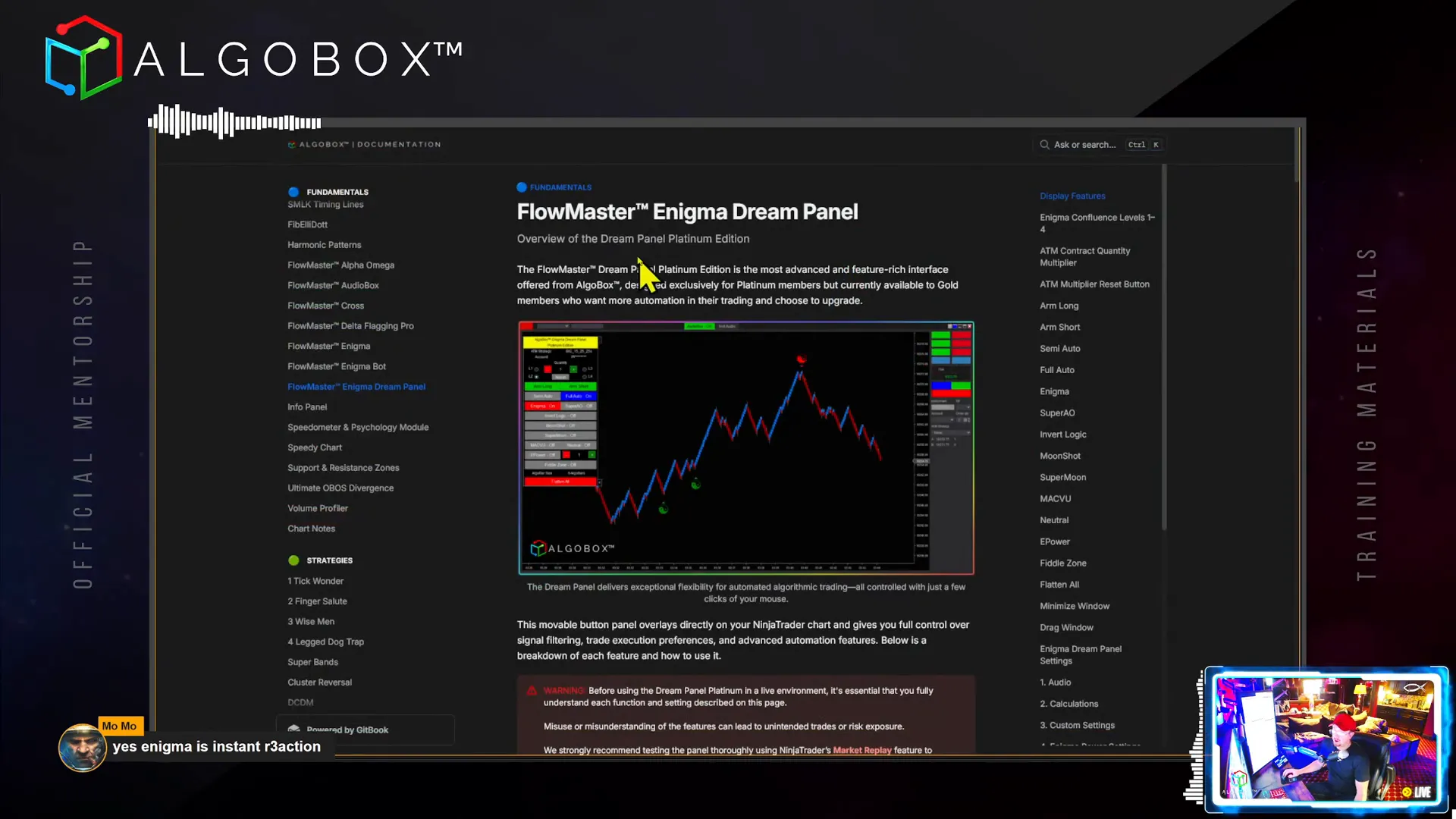 Enigma Dream Panel interface with trade automation controls