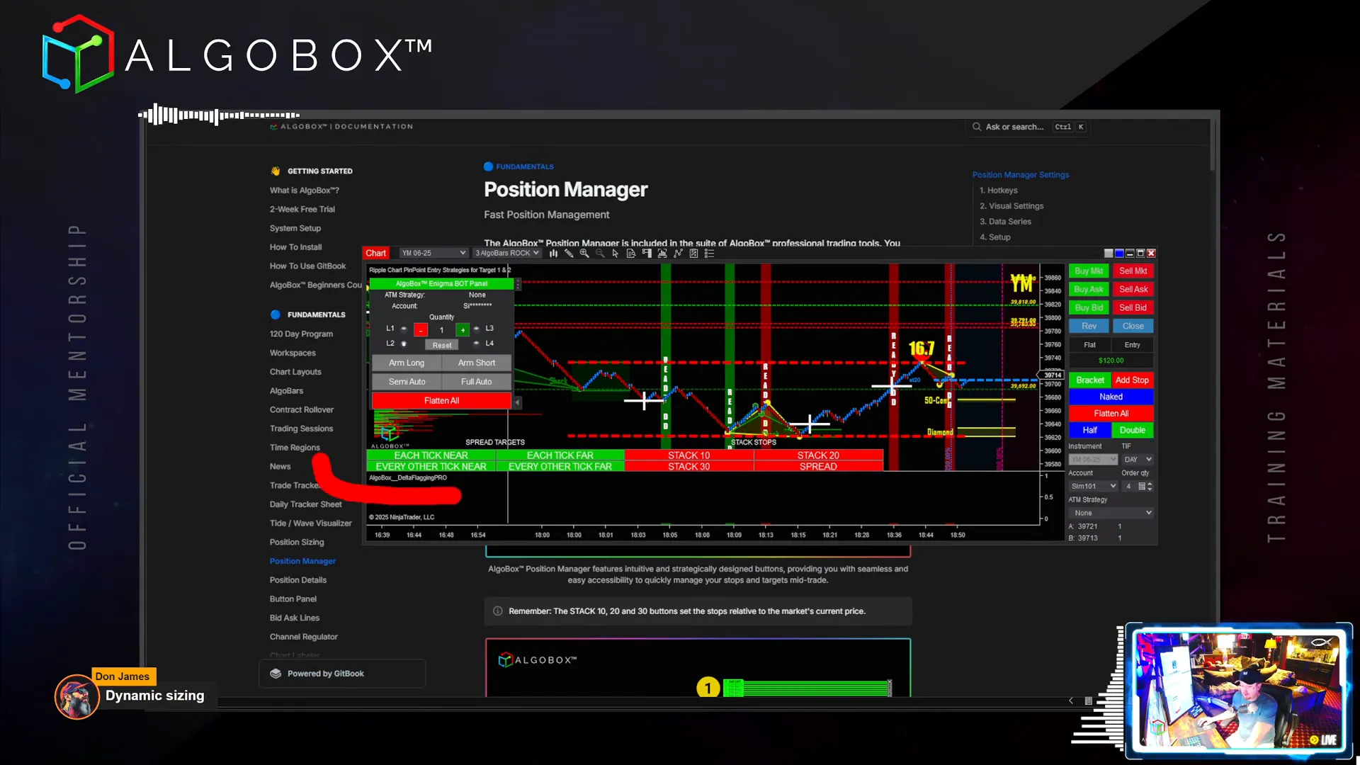 Position Manager buttons interface showing stop and target controls